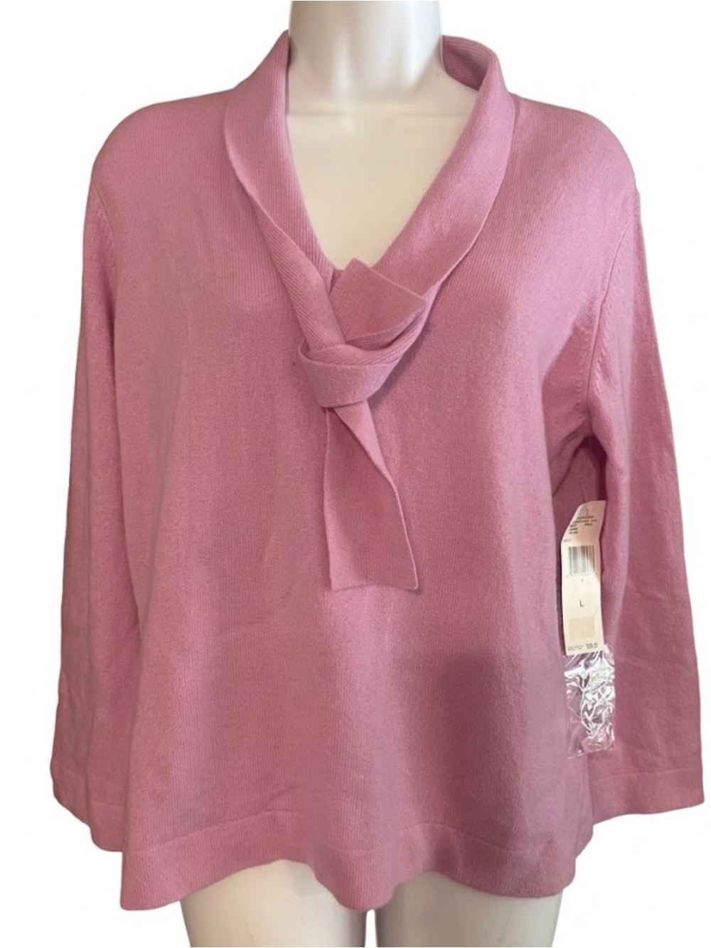 NWT Jones New York 100% Cashmere Tie Neck Sweater Pink L